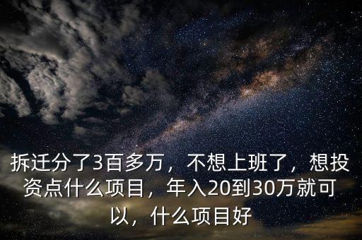 拆遷分了3百多萬，不想上班了，想投資點什么項目，年入20到30萬就可以，什么項目好