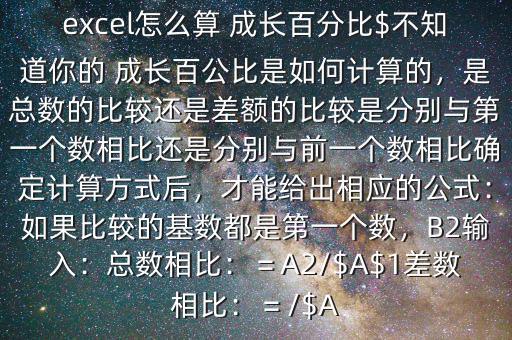 excel怎么算 成長百分比$不知道你的 成長百公比是如何計算的，是總數的比較還是差額的比較是分別與第一個數相比還是分別與前一個數相比確定計算方式后，才能給出相應的公式：如果比較的基數都是第一個數，B2輸入：總數相比：＝A2/$A$1差數相比：＝/$A