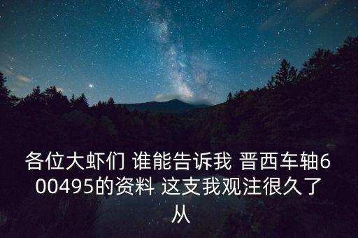 各位大蝦們 誰能告訴我 晉西車軸600495的資料 這支我觀注很久了 從